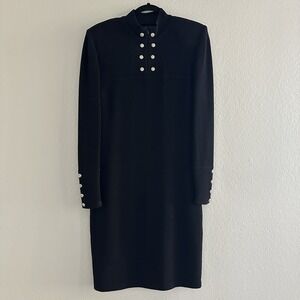 Vtg St John Santana Knit Gold Button 1/4 Zip Midi Dress 10 Black Old Money